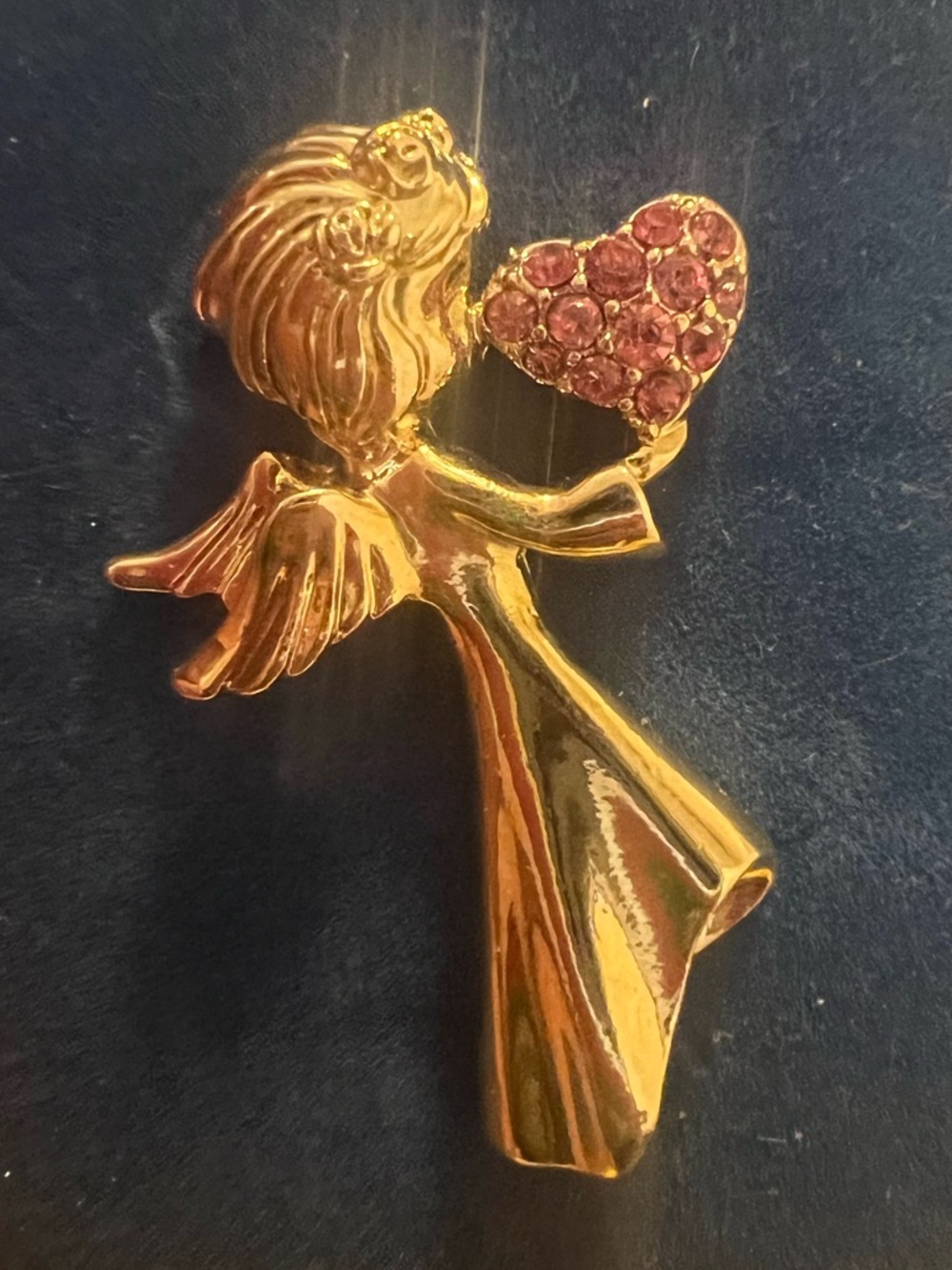 Vintage Gold-Tone Angel Brooch with Pink Rhinestone Heart